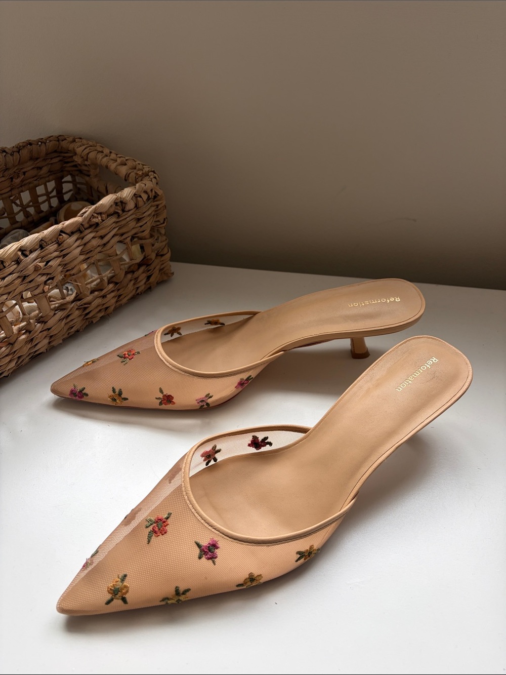 Reformation Beige Mesh Floral Embroidered Pointed-Toe Kitten Heel Mules